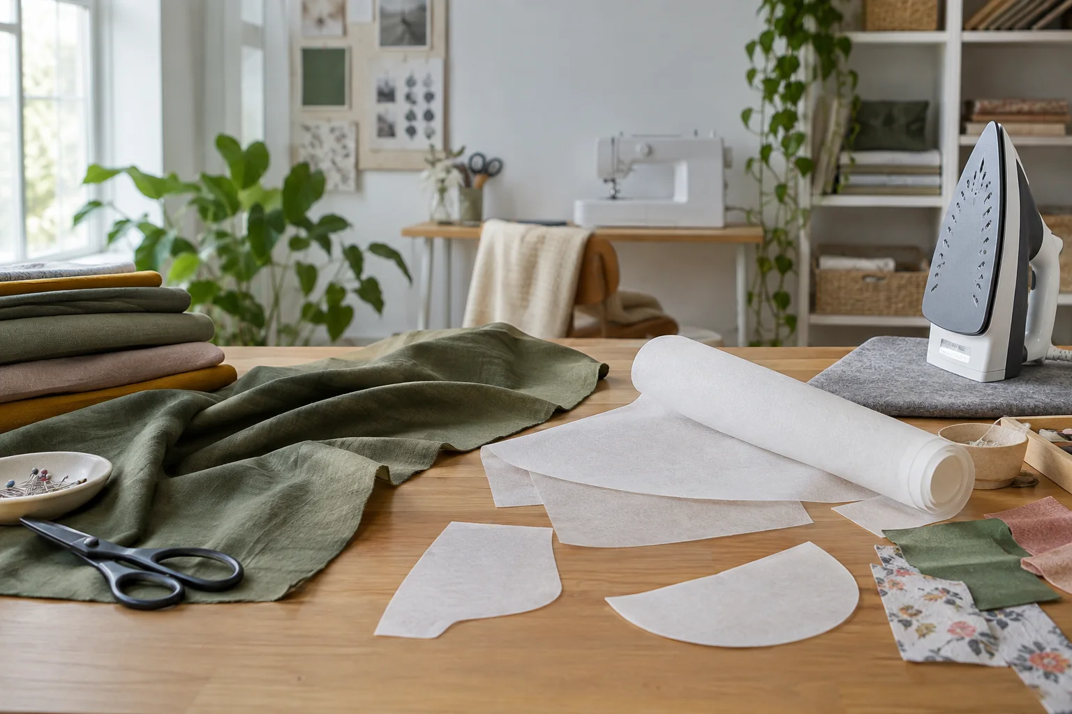 Pièces de tissu, papier thermocollant et fer sur une table de couture