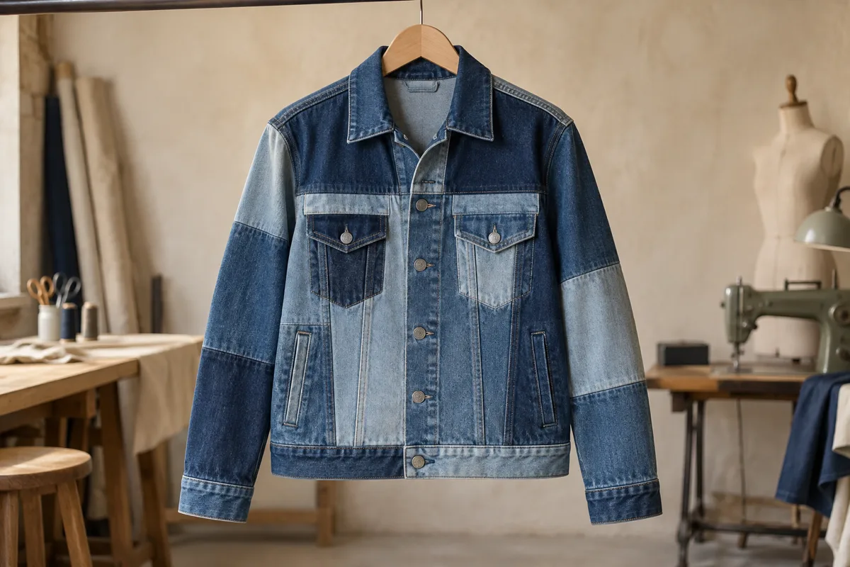 Veste en jean patchwork bleue sur cintre dans un atelier de couture