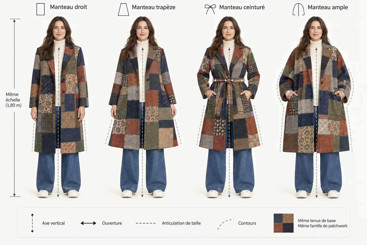 Comparaison des lignes d'un manteau patchwork droit, trapèze, ceinturé et ample