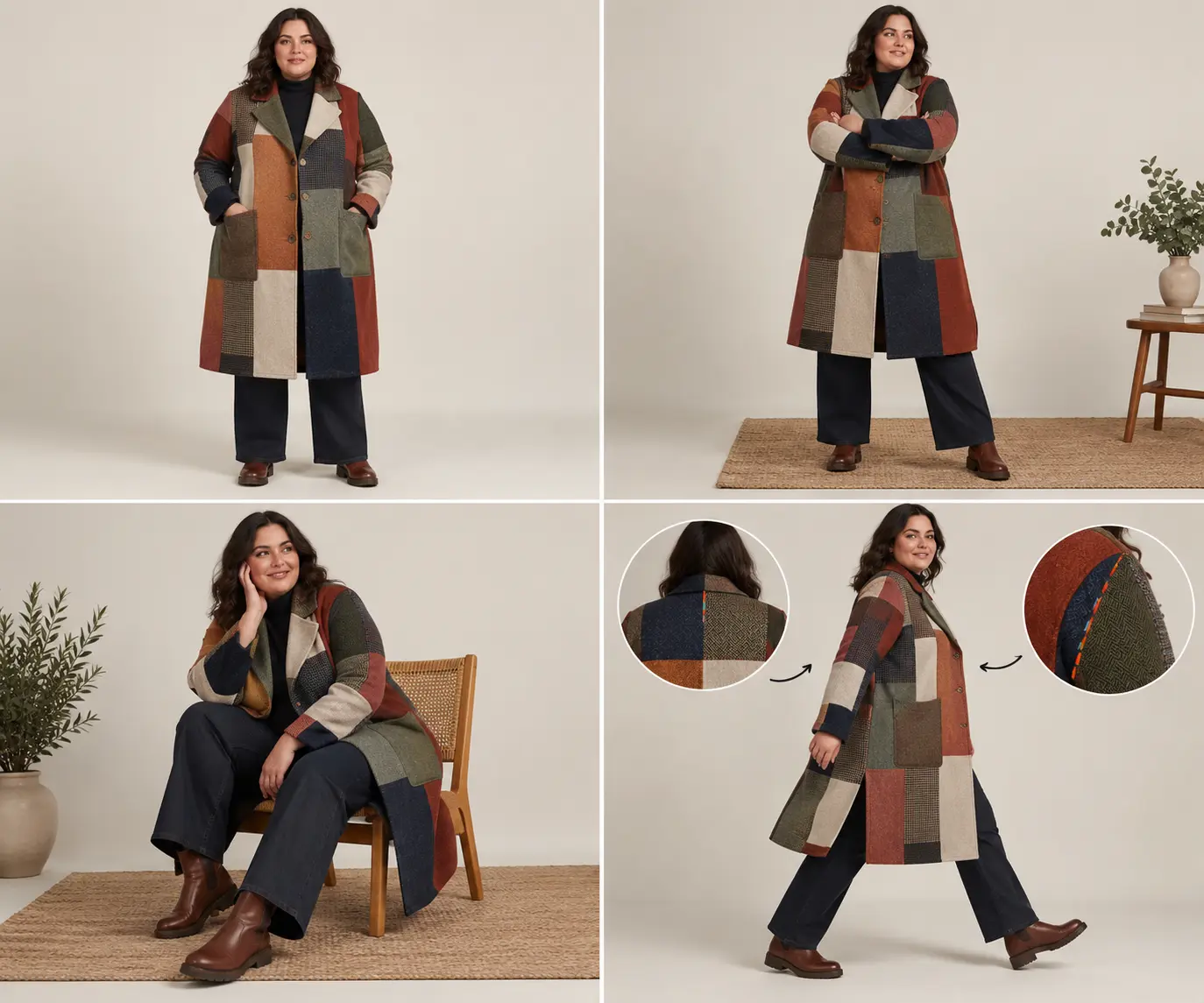 Quatre gestes pour vérifier l'aisance d'un manteau patchwork grande taille