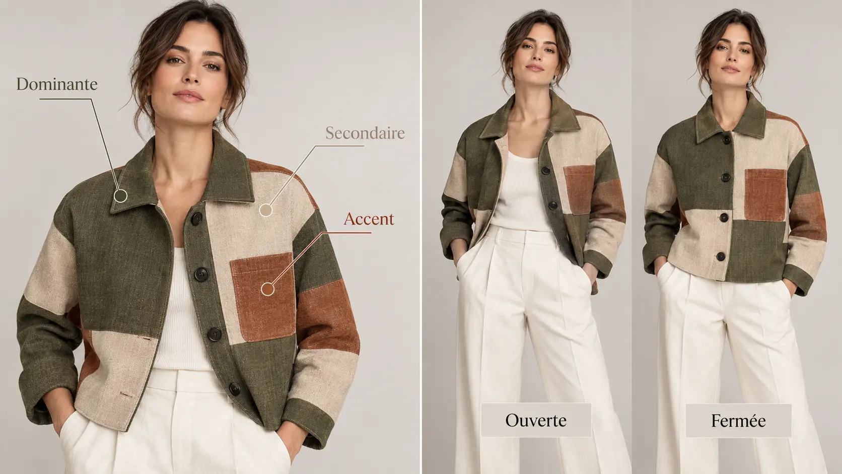 Veste patchwork annotée et comparaison ouverte ou fermée