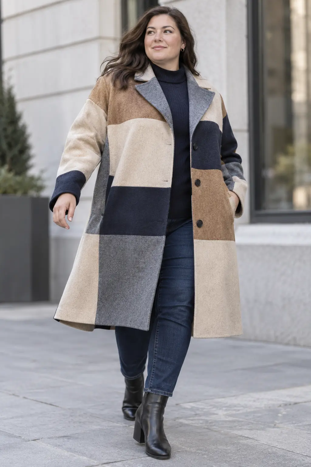 Manteau patchwork grande taille porté avec des lignes de coupe bien lisibles