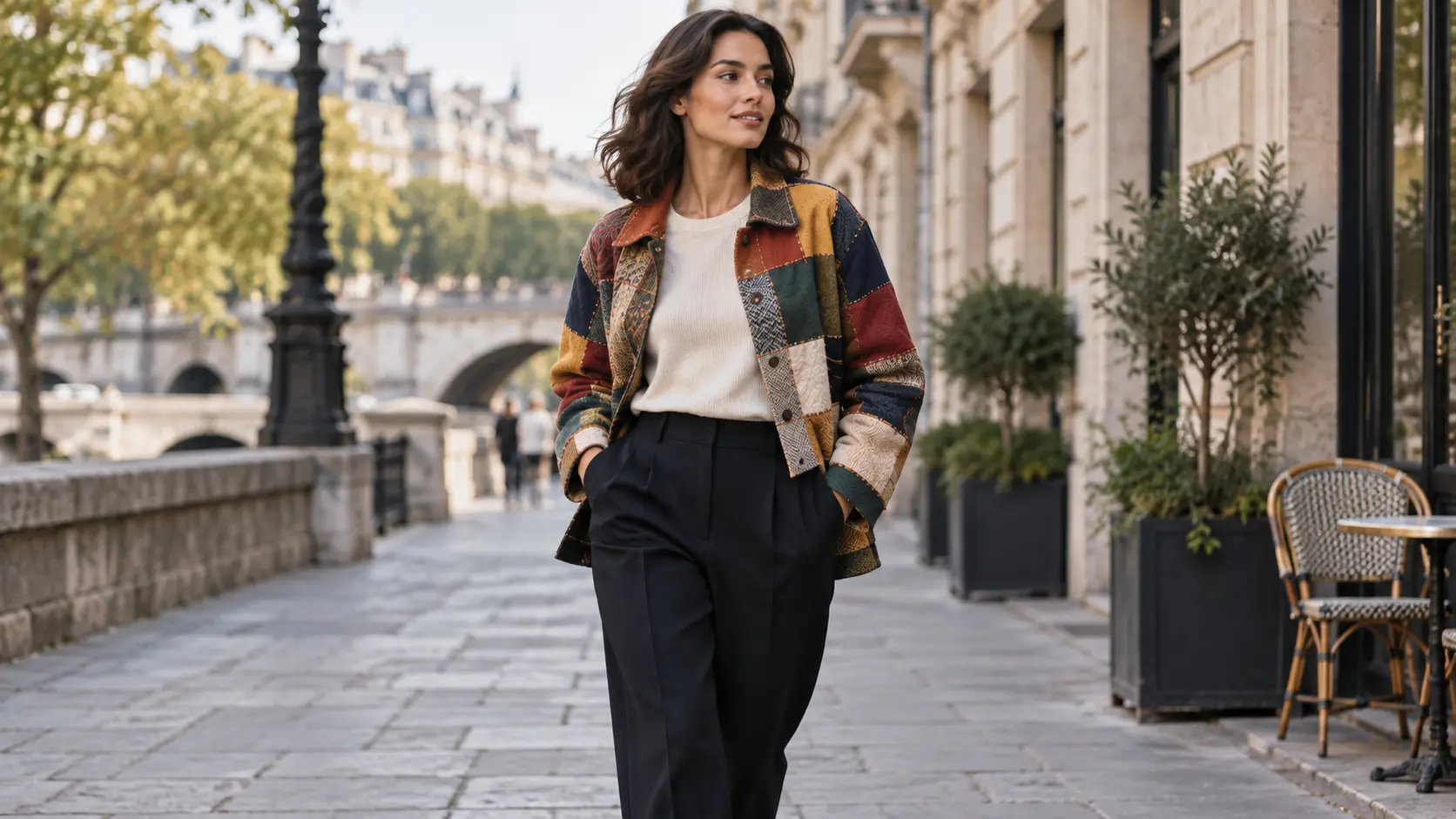 Tenue sobre construite autour d’une veste patchwork colorée