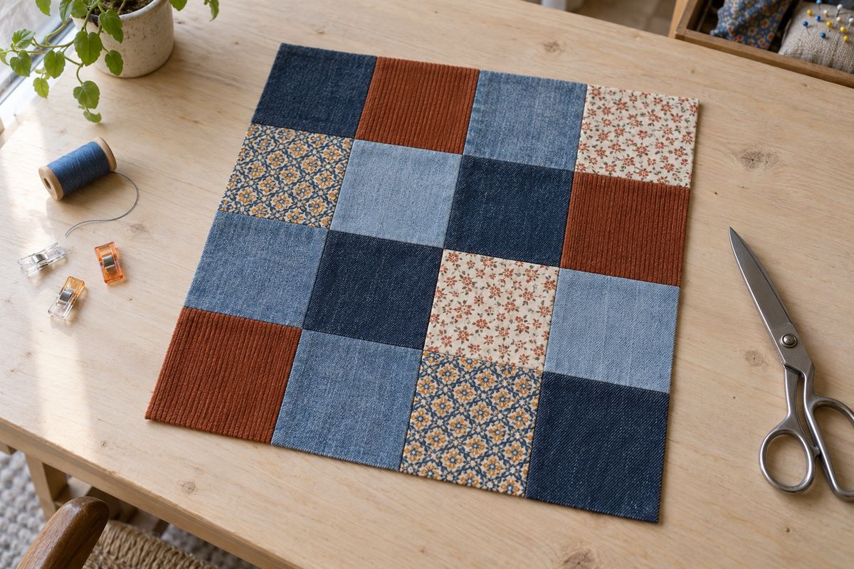 Panneau patchwork mêlant carrés de denim bleu, velours côtelé rouille et coton imprimé