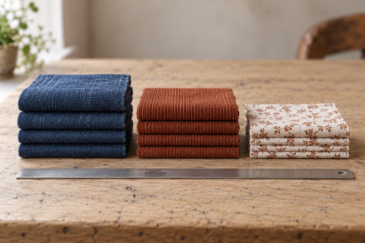 Trois tissus pliés en quatre vus de profil : denim épais, velours côtelé, popeline