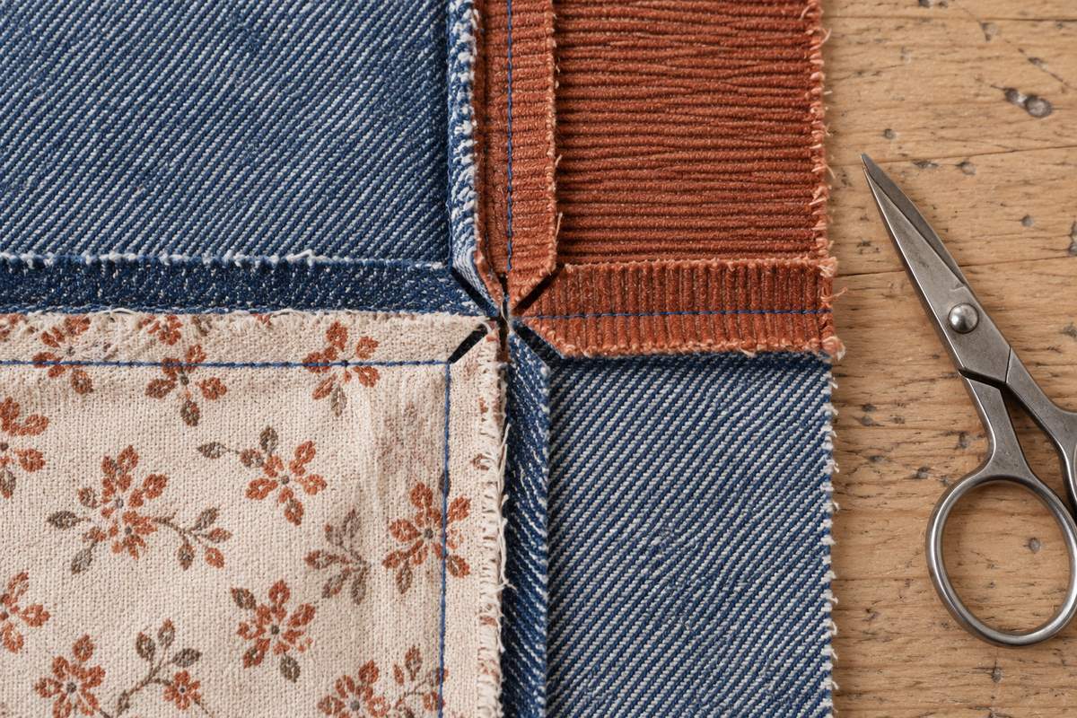 Envers d'un croisement de coutures denim, velours et coton aux marges dégarnies en dégradé