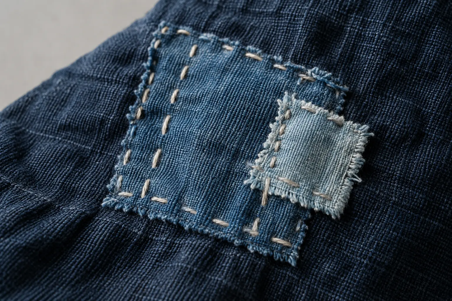 Échantillon contemporain bleu avec fragments superposés et points de reprise écrus