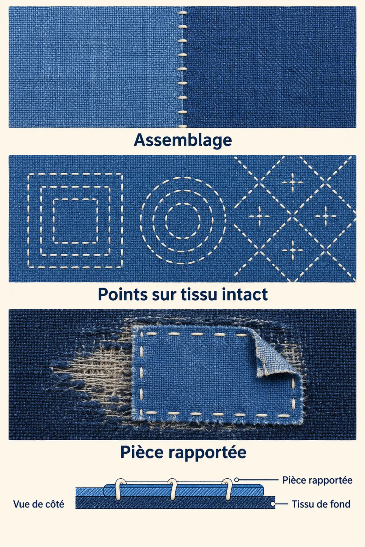 Trois échantillons comparant pièces jointives, points sur tissu intact et pièce rapportée sur une zone usée