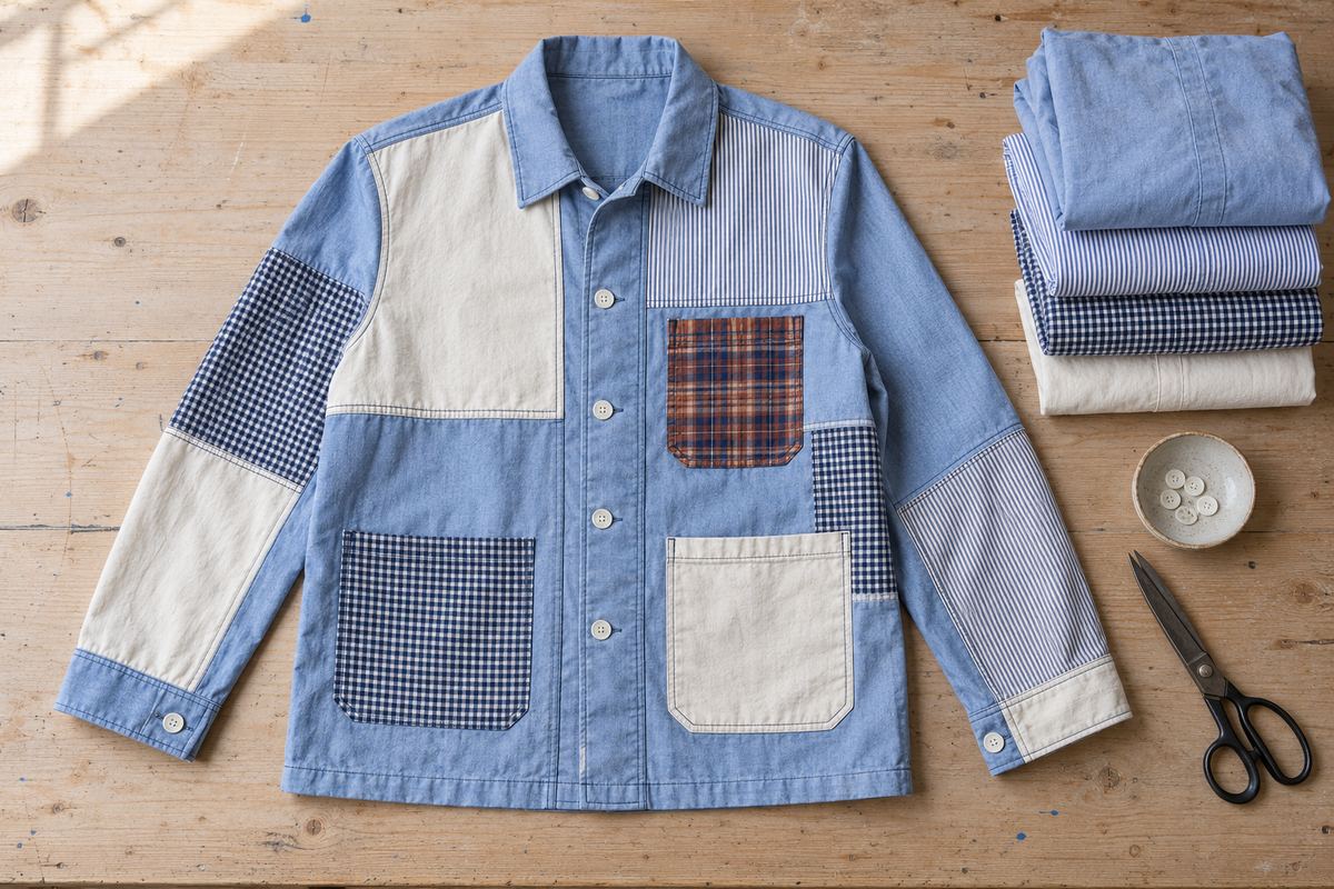 Surchemise patchwork en tissus de chemises bleues à côté des chemises d'origine pliées