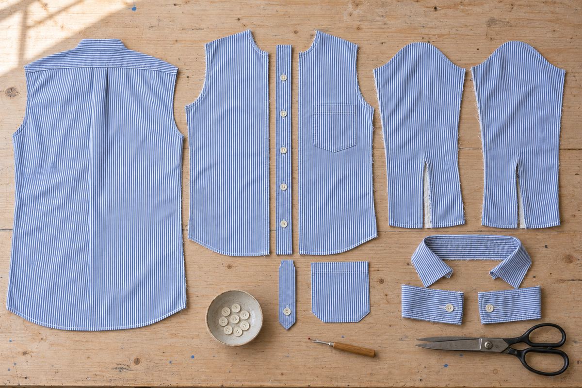 Chemise rayée démontée à plat : dos, devants, manches, plastron, col et poignets séparés